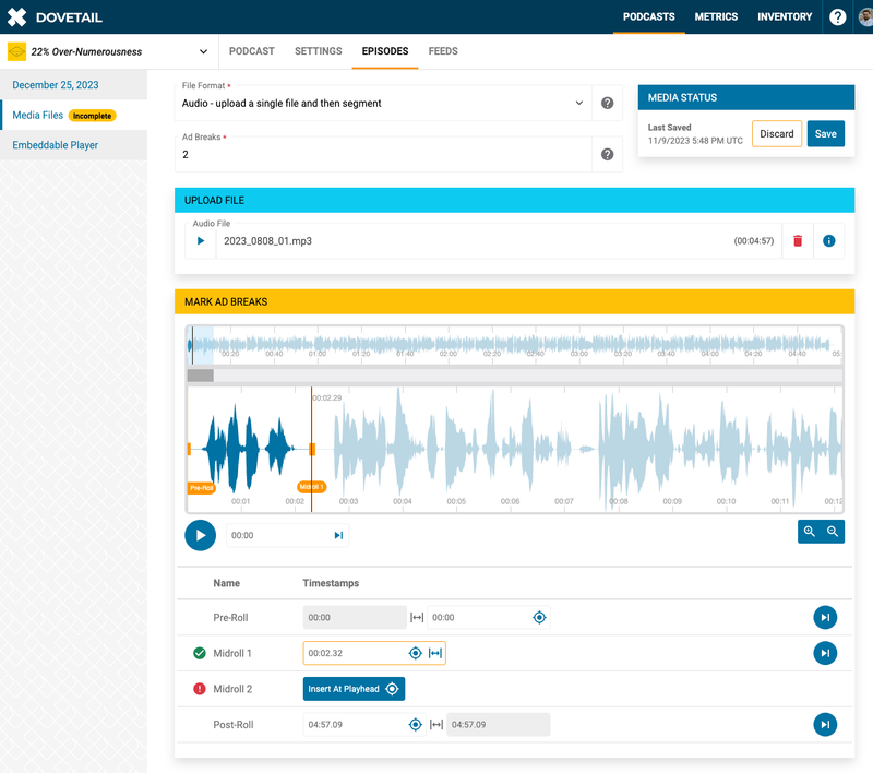 screenshot of Dovetail's audio segmenter tool