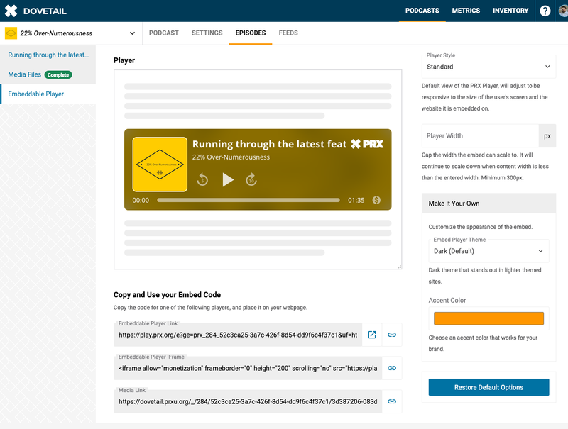 screenshot of the PRX embeddable player config on episode pages