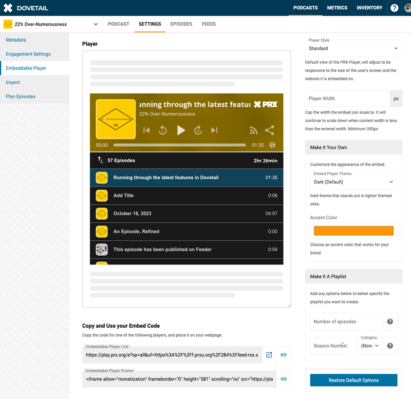screenshot of the PRX Embeddable player playlist feature