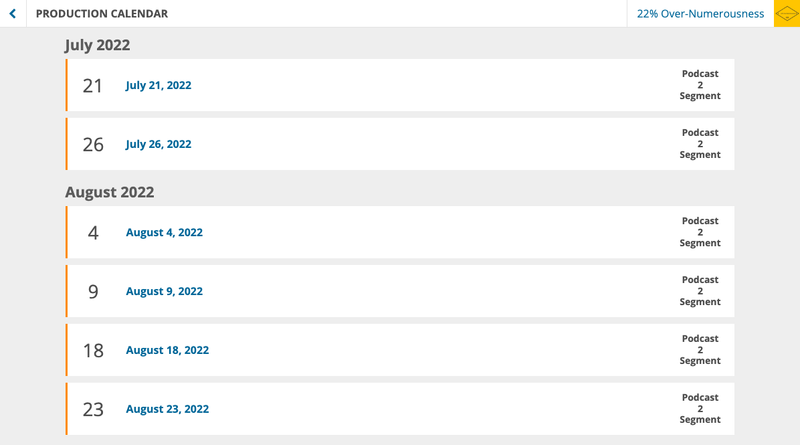 screenshot of the production calendar in Dovetail