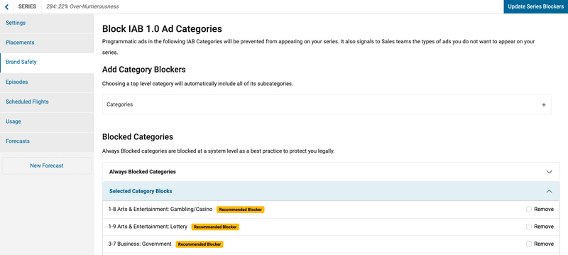 screenshot of Brand Safety category selection in Dovetail