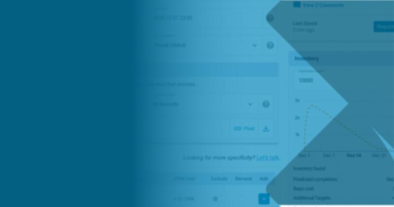 Split-screen interface showing a data dashboard with inventory metrics and a blue overlay. Graphs and a recent save indicator are visible, conveying a tech-focused, analytical tone.