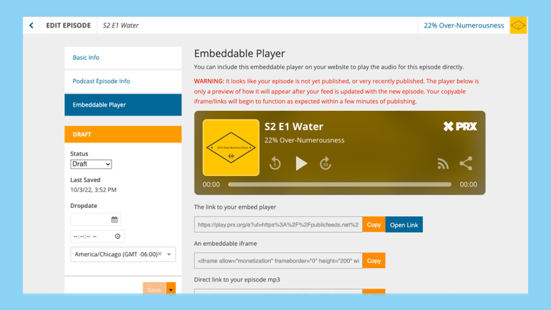 Screenshot of the PRX embeddable player