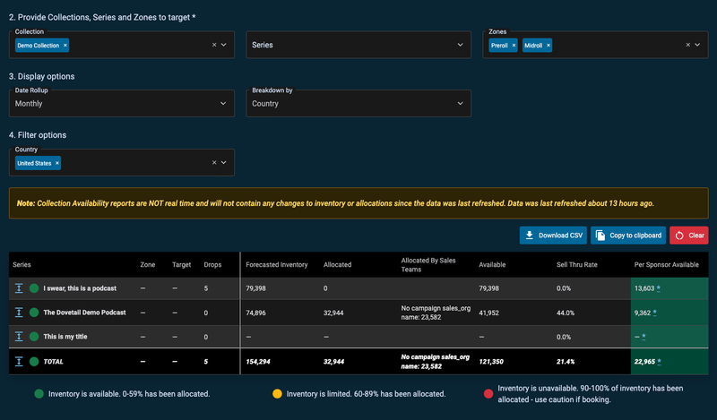 Screenshot of looking up ad inventory in Dovetail from PRX