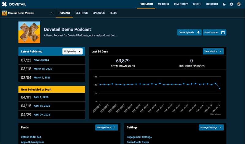 Screenshot of publishing dashboard in Dovetail from PRX